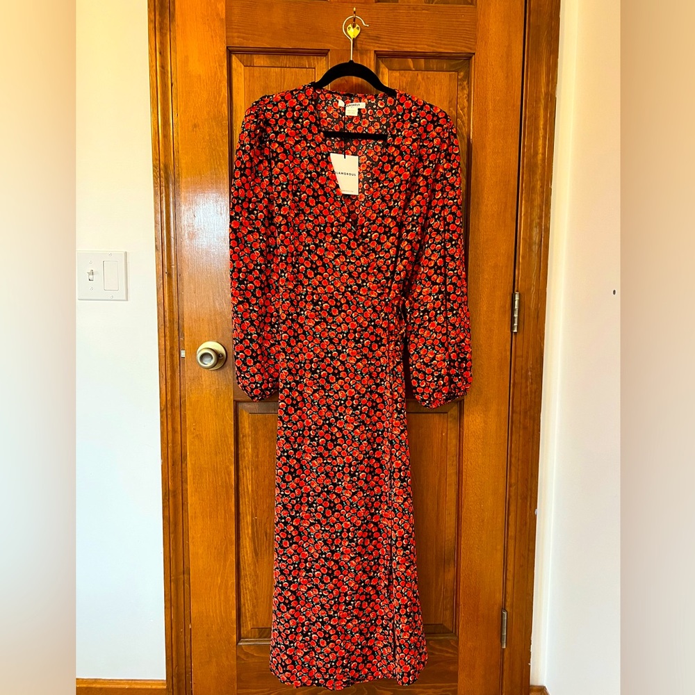 Long Sleeve Midi Wrap Dress with Floral Pattern - size 12